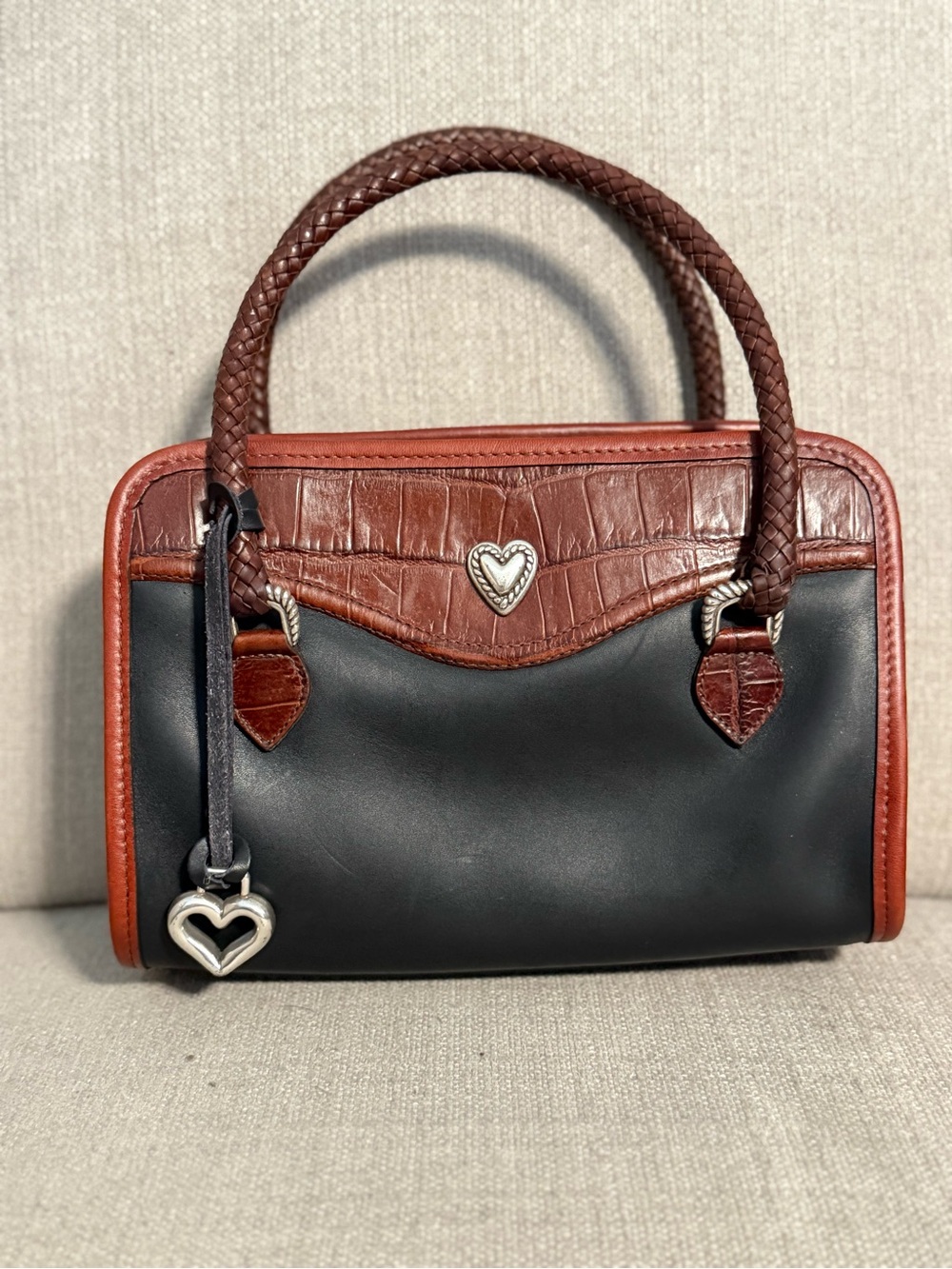Brighton Mini Black Leather Satchel Brown Croc Embossed
